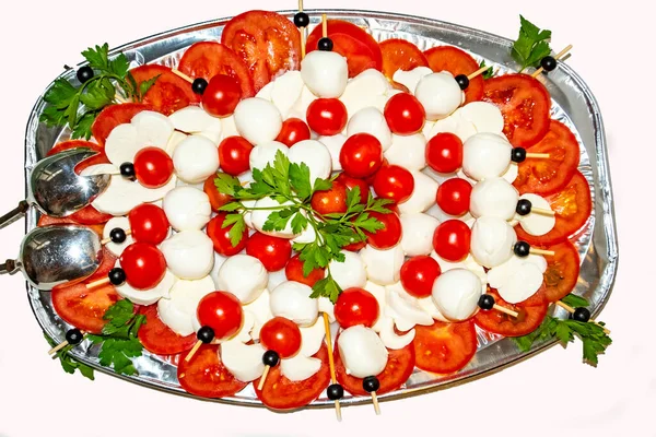 Plate Tomatoes Italian Buffalo Mozarella Cheese Decorated Herbs — Stock Photo, Image