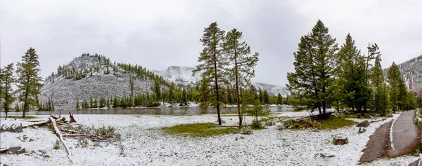 scenic river landscape in winter at the yellowstone national park near west entrance