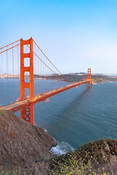 Puente Puerta Dorada San Francisco Amanecer Con Luces — Foto de Stock