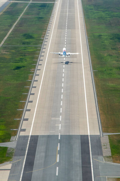 Frankfurt, Germany - May 17, 2022: modern aircraft at take off at the runway West in Frankfurt..