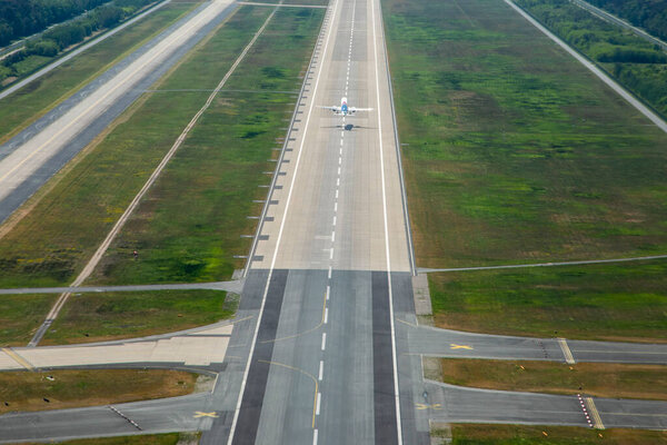 Frankfurt, Germany - May 17, 2022: modern aircraft at take off at the runway.