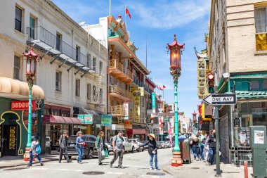 San Francisco, USA - May 19, 2022: panoramic  perspective of skyscraper downtown  financial district seen from Portsmouth square in CHinatown of San Francisco, USA