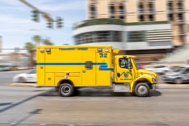 Las Vegas, USA - May 23, 2022: paramedic rescue car races with horn thru the streets of Las Vegas.