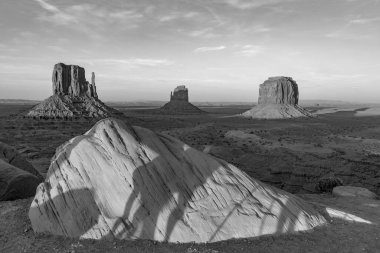 scenic view to the Mittens butte in monument valley seen from visitor center in early morning, USA