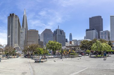 San Francisco, USA - May 19, 2022: panoramic  perspective of skyscraper downtown  financial district seen from Portsmouth square in CHinatown of San Francisco, USA