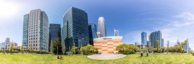 San Francisco, USA - May 19, 2022:  panoramic view to skyline of San Francisco from sales point park with modern amphitheater.