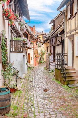 Fransa 'nın Alsace bölgesindeki tarihi Eguisheim köyünde yarı keresteli evlere sahip manzaralı küçük bir yol.