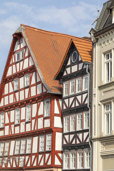 Half timbered historic houses at central square in town of Alsfeld in Hesse, Germany