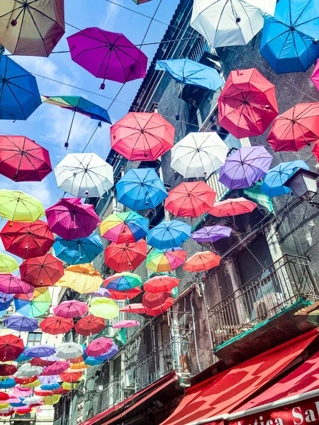 Colorful Umbrellas Old Town Palermo Decoration Pedestrian Zone Facade Historic — Stock Photo, Image