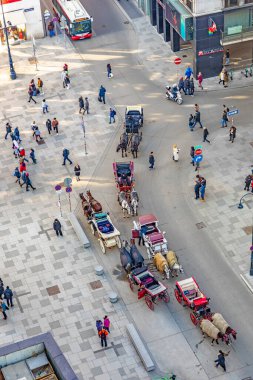 Viyana, Avusturya - 15 Şubat 2019: Viyana 'daki Stephans Place' de tamirci turistlerin eski Viyana 'ya gitmesini bekliyor. Fiaker lisansları Viyana 'da sınırlıdır..