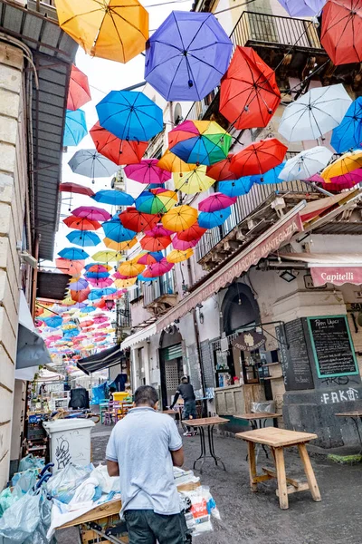 Palermo Italy September 2022 Colorful Umbrellas Old Town Palermo Decoration — Stock Photo, Image