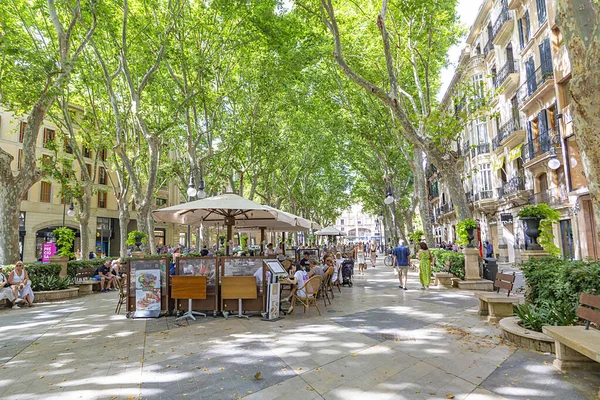 Palma de Mallorca, Spain - June 22, 2022: entrance of La Rambla with tourists and locals walking. this is a popular pedestrian area 1.2 kilometer-long