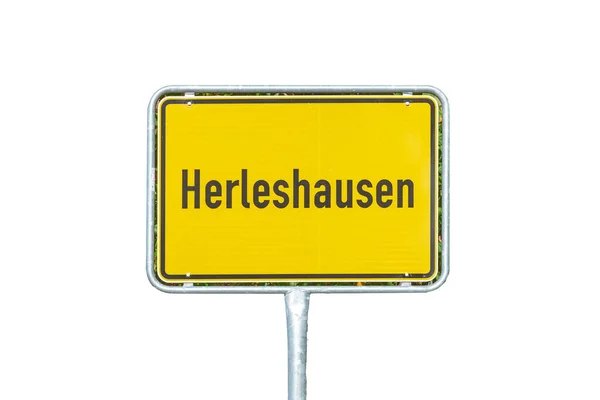 Herleshausen Gelbes Hinweisschild Mit Baum Hintergrund — Stockfoto