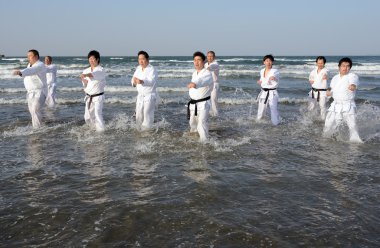 Training of Karate at the beach of midwinter, Japan clipart