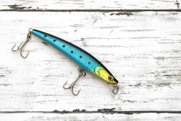 Plastic Fishing Lure White Wooden Table — Stock Photo, Image