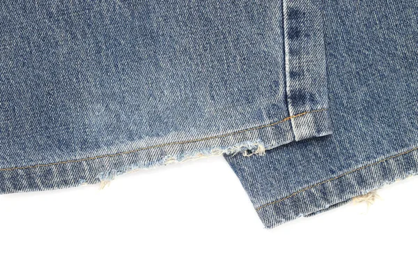 Close Old Blue Denim Jeans Hem Isolated White Background — Stock Photo, Image