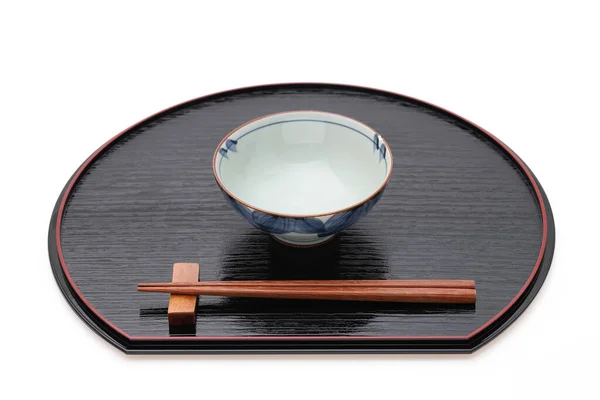 Rice Bowl Chopsticks Tray Traditional Tableware Japan Isolated White Background — Stock Photo, Image