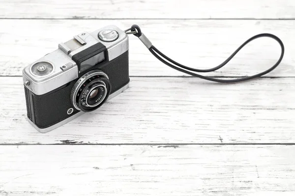 Old Film Camera White Wooden Background — Stock Fotó