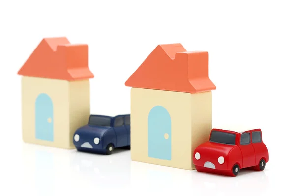 Wooden Toy House Toy Car Isolated White Background — Stock Photo, Image