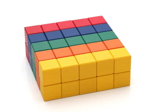 Petits Blocs Carrés Colorés Bois Puzzle Sur Fond Blanc — Photo