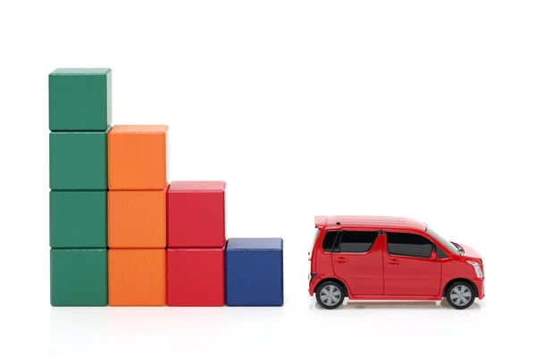 Small Toy Car Wooden Colorful Building Blocks White Background — Stock Photo, Image
