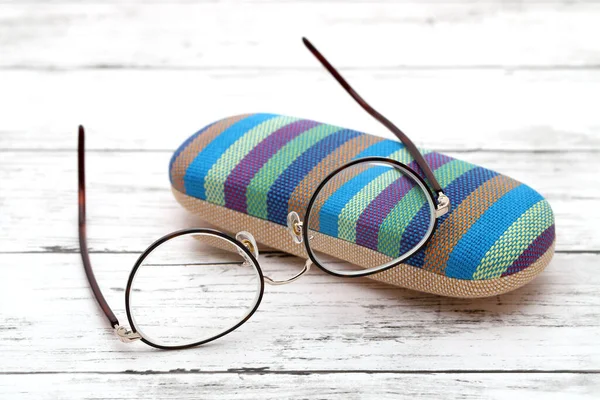 Stylish Eyesight Glasses Case Glasses White Wooden Table — Stock Photo, Image
