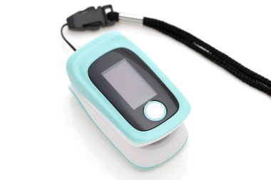 Pulse oximeter device on white background, healthcare monitoring concept