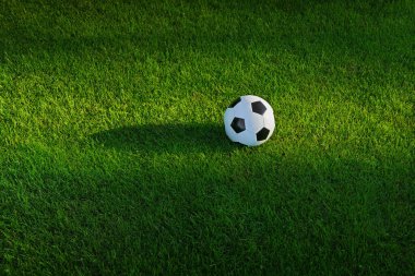 Çayırdaki çimlerin üzerinde güneş ışığında klasik futbol topu 