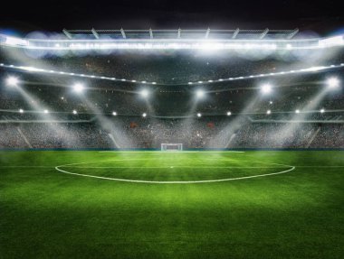 Spor arka planı - futbol stadyumunda yeşil alan. Orta sahada oyuna hazır, 3B Görüntü