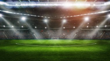 Spor arka planı - futbol stadyumunda yeşil alan. Orta sahada oyuna hazır, 3B Görüntü