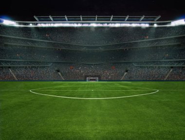 Futbol stadyumundaki yeşil alan. Orta sahada oyuna hazır - 3B İllüstrasyon