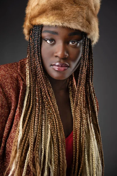 Beautiful Elegant African American Woman Fur Hat — Stock Photo, Image