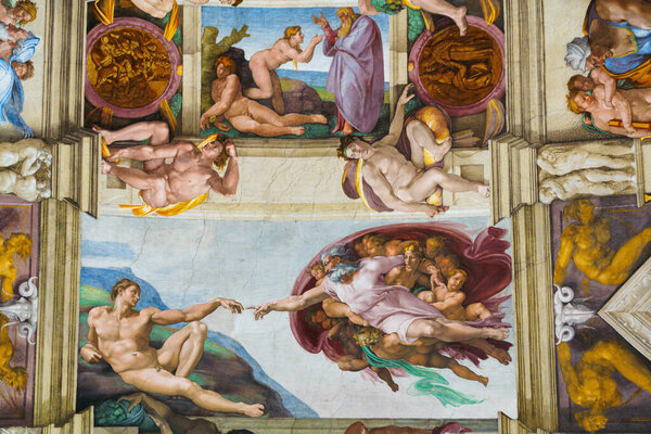 Vatican, Italy, 11.09.2021. Detail of the Universal Judgement inside the Sistine Chapel in Vatican City.