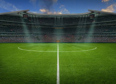 Futbol stadyumundaki yeşil alan. Orta sahada oyuna hazır.