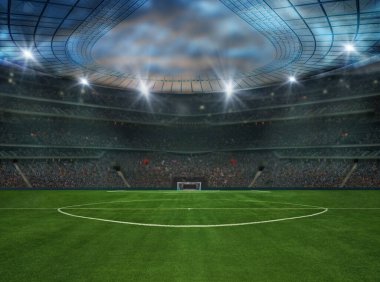 Futbol stadyumundaki yeşil alan. Orta sahada oyuna hazır.