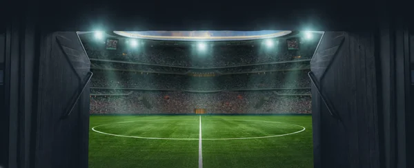 Textured Soccer Game Field Entrance Stadium Center Midfield — Foto de Stock