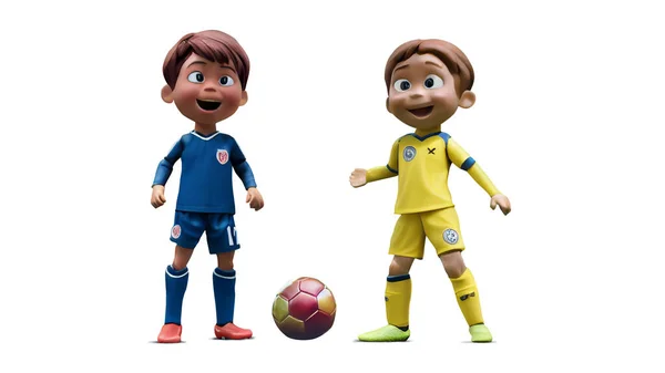 Soccer concept. White soccer ball with soccer player as a cartoon character in the stadium.