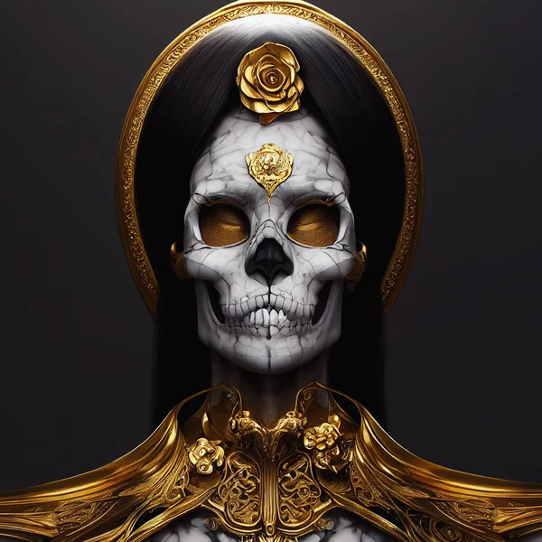 Human crystal skull on dark natural mistery background. Royal skull in gold.