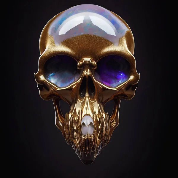 Human crystal skull on dark natural mistery background. Royal skull in gold.