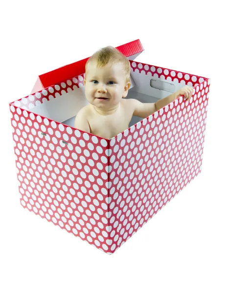 Smiling Blue eyed baby in present box — Stock Photo, Image