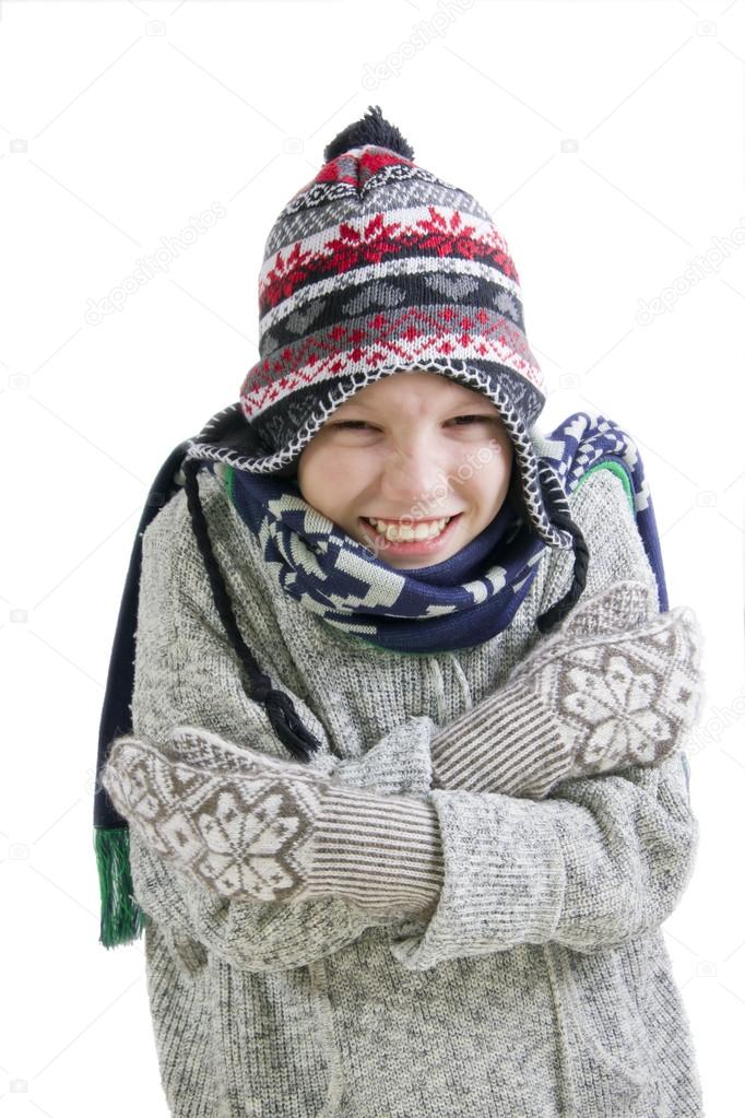 Boy freezing in cold winter