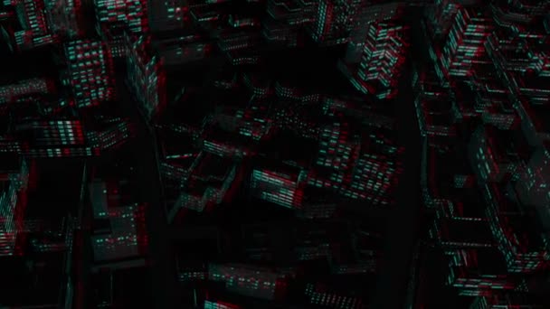 Powyżej miasta nocny lot, stereoskopowe 3d anaglyph, cyjan czerwony — Wideo stockowe