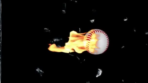 Béisbol en fuego rompiendo el vidrio, alfa — Vídeos de Stock