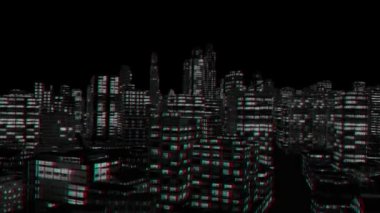 yukarıda şehir gece uçuşu, stereoskopik 3d anaglyph, kırmızı mavi
