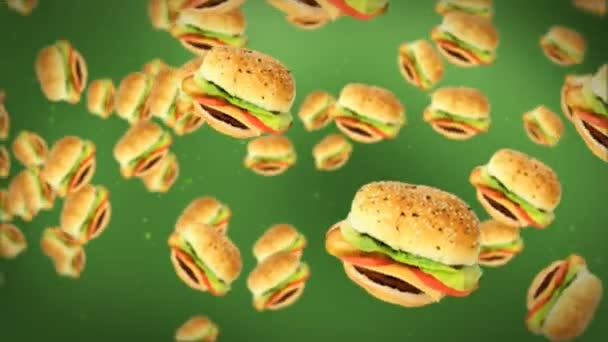 Cheeseburger fliegen auf Grün — Stockvideo