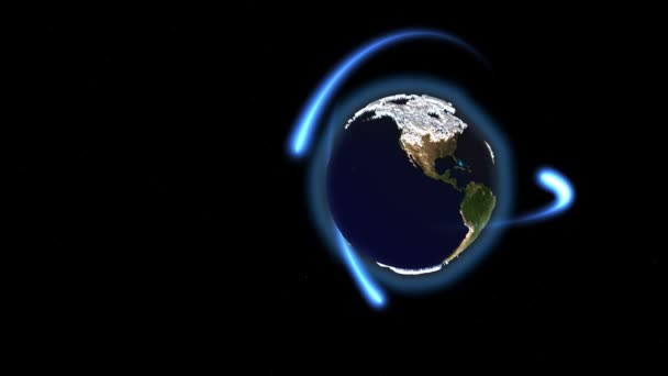 Boucle parfaite rotation de la terre avec des rayons bleus animés autour — Video