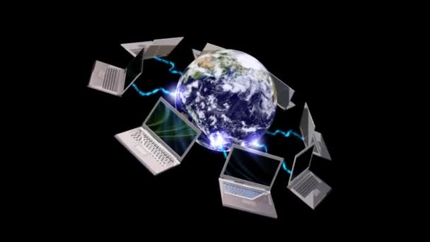 Ziemi glob i laptopy, komunikacja koncepcja, pętla — Wideo stockowe
