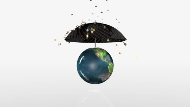 Terra globo douradas, deixando de funcionar moedas caindo no guarda-chuva de giro — Vídeo de Stock