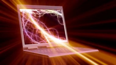 laptop ile animasyonlu ekran ve ışık demeti