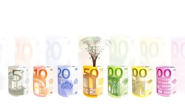 Спиннинг валюты евро и евро дерево растет, финансовые концепции — стоковое видео